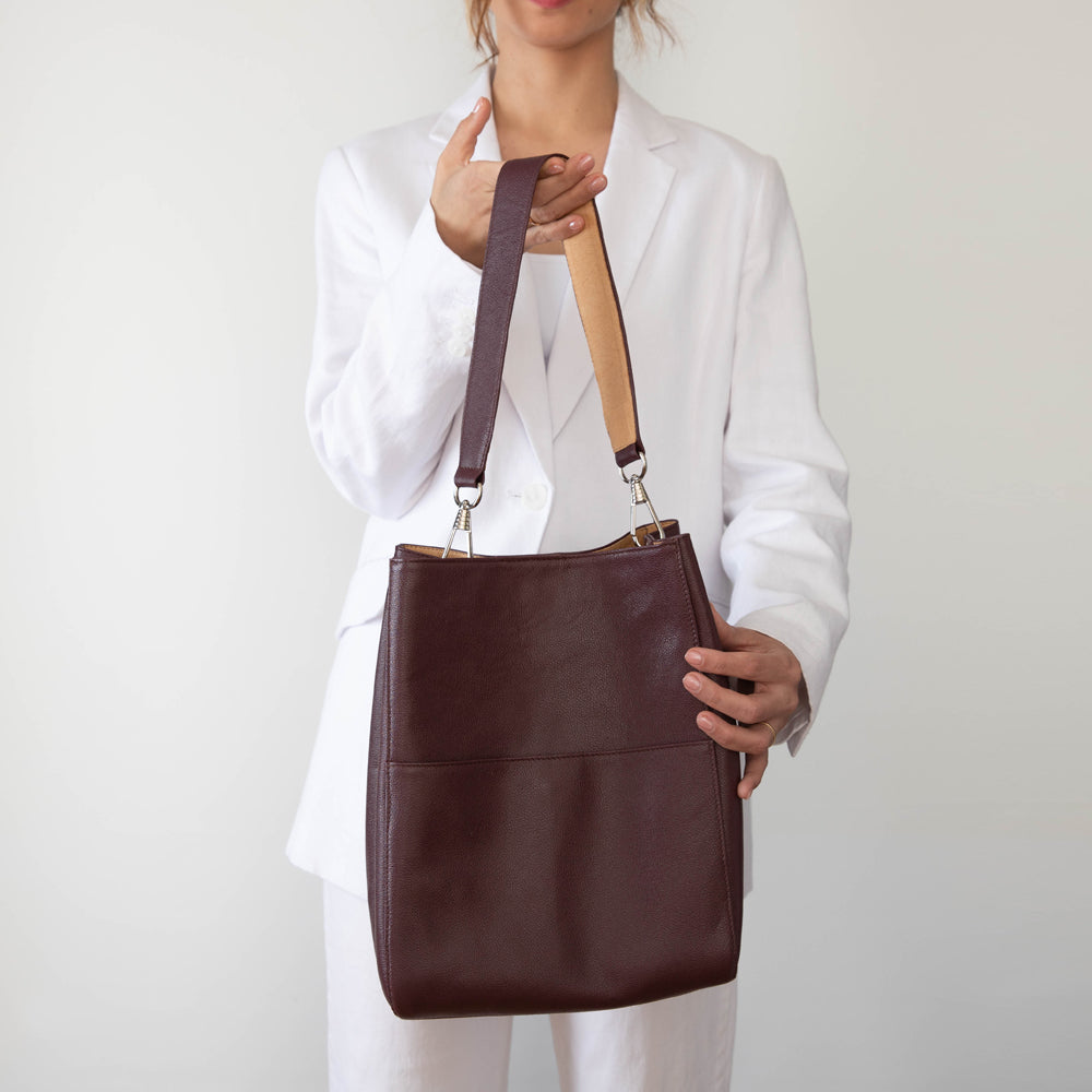 leather bucket bag merlot Australia made spacious