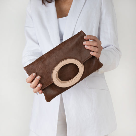 leather clutch dark caramel