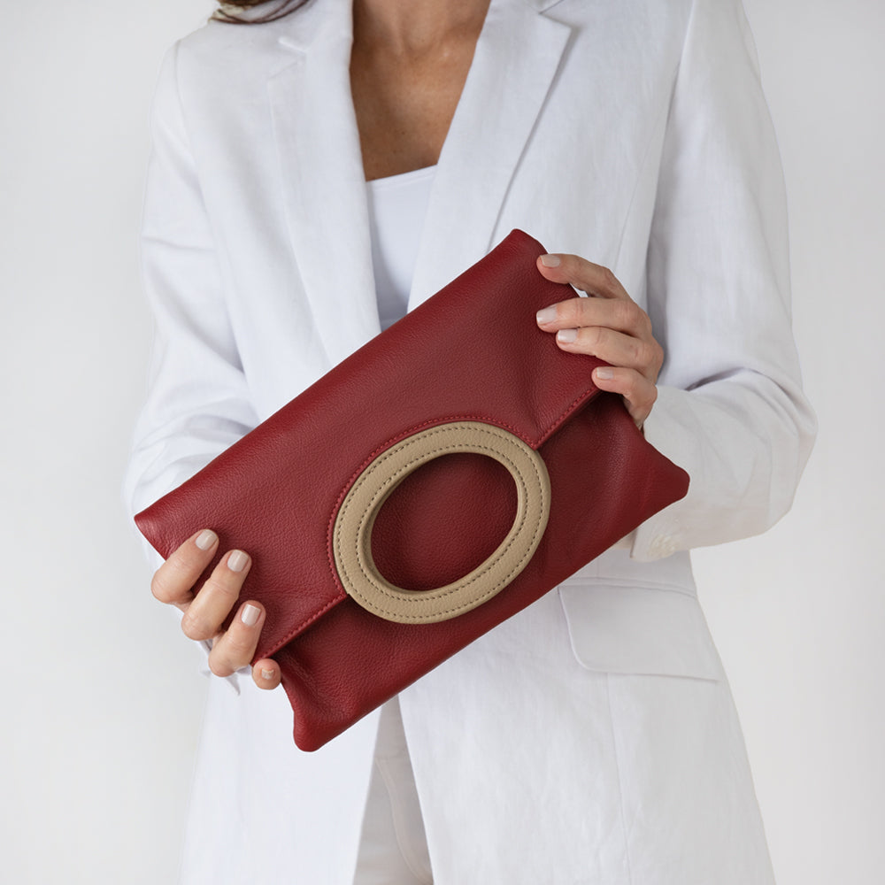 leather clutch deep red Australia made